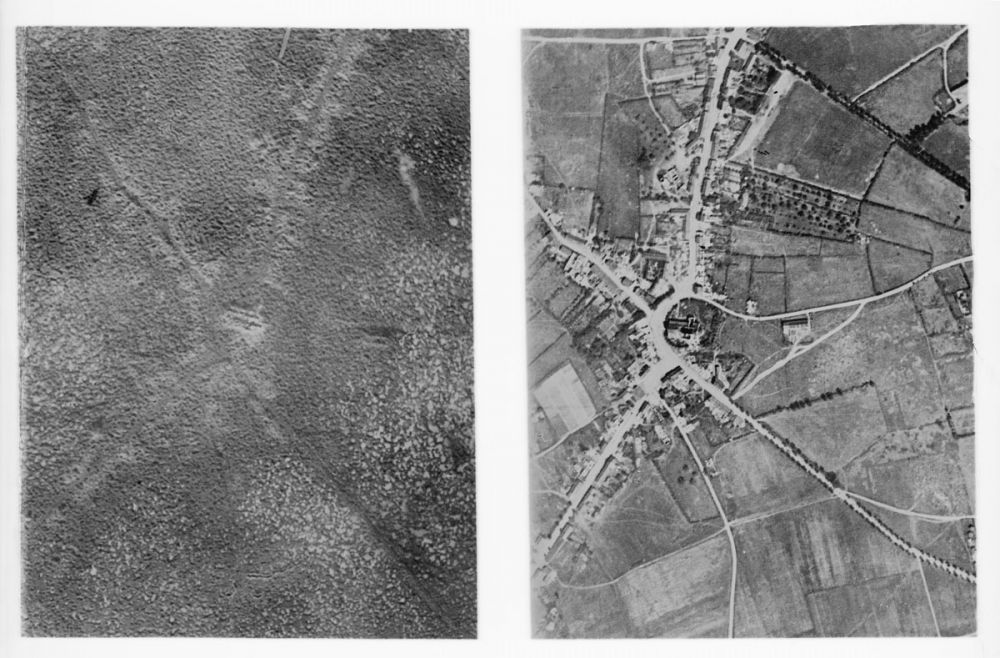 A before-and-after scene of Passchendaele from the air. Note the destruction caused by heavy artillery, obliterating the small town.